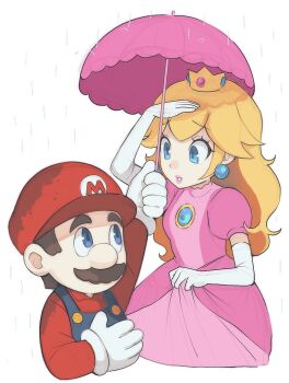 1boy 1girl arms_at_sides bbik_gam3 blonde_hair blue_eyes blue_overalls blush brooch brown_hair buttons clothes_writing commentary_request crown dress earrings elbow_gloves facial_hair gloves gold_crown gown hat holding holding_umbrella jewelry korean_commentary large_nose leg_up long_hair long_sleeves looking_at_viewer mario mario_(series) mustache newsboy_cap nintendo overalls pink_dress pink_lips pink_umbrella pointed_crown princess_peach rain red_hat red_shirt shirt shoes short_hair smile solo sphere_earrings umbrella warp_pipe water_drop white_background white_gloves