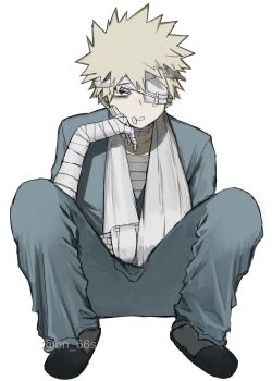 Rule 34 | 1boy, arm sling, bags under eyes, bakugou katsuki, bandaged arm, bandaged head, bandages, black slippers, blonde hair, blue pants, blue shirt, bn 56s, boku no hero academia, cast, gauze, gauze on cheek, gauze over eye, highres, injury, invisible chair, male focus, one eye covered, pants, parted lips, red eyes, sanpaku, shirt, shoes, short hair, sitting, slippers, solo, spiked hair, twitter username