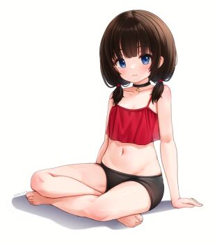 1girl arm_support artist_name barefoot bike_shorts black_choker black_shorts blue_eyes breasts brown_hair camisole choker closed_mouth collarbone commentary comodox english_commentary full_body highres indian_style long_hair looking_at_viewer low_twintails navel original red_camisole shadow sheryn_(comodox) short_shorts shorts signature simple_background sitting small_breasts solo star_(symbol) star_choker toenails toes twintails white_background