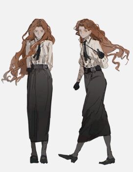 Rule 34 | 1girl, black gloves, black necktie, black shoes, black skirt, black thighhighs, blue eyes, collared shirt, full body, gloves, gynger edventray (hiiragimare), highres, hiiragimare, hogwarts legacy, holding, holding wand, long hair, long skirt, long sleeves, looking at viewer, mary janes, multiple views, necktie, original, red hair, shirt, shoes, simple background, skirt, suspenders, thighhighs, wand, white background, white shirt, wizarding world