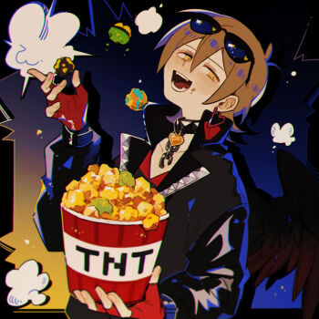 Rule 34 | 1boy, chain, collar, earrings, explosive, eyewear on head, fangs, fingerless gloves, food, gloves, grian (youtuber), highres, holding, jacket, jewelry, leather, leather jacket, life heart (traffic life), limited life smp, luminous slime, minecraft, minecraft youtube, open mouth, popcorn, single earring, sunglasses, tnt, tnt block (minecraft), traffic life series, wings, yellow eyes