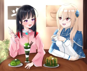 2girls :d artist_collaboration black_hair blonde_hair cake cake_slice commentary_request cup doren_(doren_chan_dazo) food happy heaven_burns_red holding holding_cup holding_spoon ice_cream indoors looking_at_another multiple_girls nikaidou_misato open_mouth parfait purple_hair shirakawa_yuina smile spoon sundae teeth upper_teeth_only yuuna_(rlp9srgh0j39271)