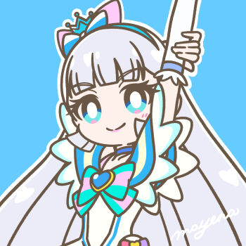 1girl animal_ear_hairband animal_ears aqua_bow arm_out_of_frame arm_warmers arms_up artist_name bare_shoulders blue_background blue_choker blue_crown blue_eyes blue_hairband blue_theme blunt_bangs bow bow_hairband bright_pupils brooch cat_ear_hairband cat_ears chest_bow choker closed_mouth collarbone commentary crown cure_nyammy dress dress_bow fake_animal_ears frilled_arm_warmers frilled_dress frills hairband heart heart_brooch highres jewelry lips long_hair looking_at_viewer magical_girl mayena mini_crown multicolored_bow nekoyashiki_yuki off-shoulder_dress off_shoulder outline pact_holder pink_lips pouch precure shiny_cats_pact signature smile solo split_mouth straight_hair stretching striped_bow tilted_headwear upper_body very_long_hair white_arm_warmers white_dress white_hair white_outline white_pupils wonderful_precure!
