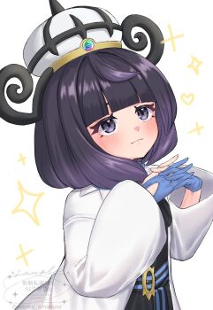 1girl amakusa_setoka belt belt_buckle black_dress black_hair blue_gloves blunt_bangs blush bob_cut buckle closed_mouth coat dress gloves gradient_hair gwynn_(pokemon) hat highres interlocked_fingers long_sleeves mega_stone multicolored_hair nintendo o-ring o-ring_belt open_clothes open_coat own_hands_together partially_fingerless_gloves pokemon pokemon_legends:_z-a purple_eyes purple_hair short_hair solo white_background white_coat wide_sleeves