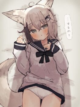 1girl animal_ears commentary_request fox_ears fox_girl fox_tail highres kuon_(meguru_1225) long_sleeves lying meguru_1225 no_pants on_back original panties speech_bubble tail translation_request underwear white_panties