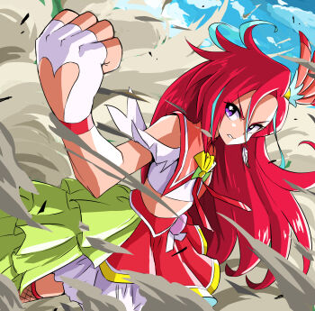 Rule 34 | 1girl, absurdres, asymmetrical bangs, blue sky, blue streaks, brooch, clenched hand, clothing cutout, cloud, cloudy sky, commentary, cowboy shot, crop top, cropped shirt, cure flamingo, day, dust, dust cloud, dutch angle, earrings, feather earrings, feathers, fingerless gloves, fishnet thighhighs, fishnets, foreshortening, frown, glove cutout, gloves, hair ornament, hand up, heart, heart cutout, heart in eye, highres, jewelry, layered skirt, letterboxed, long bangs, long hair, looking at viewer, magical girl, midriff, multicolored hair, outdoors, outside border, pact holder, precure, purple eyes, red hair, red sailor collar, red skirt, sailor collar, shell brooch, shirt, short sleeves, shoulder cutout, skirt, sky, solo, standing, streaked hair, symbol in eye, takizawa asuka, thighhighs, tropical-rouge! precure, two-tone hair, uraki, v-shaped eyebrows, very long hair, white gloves, white shirt