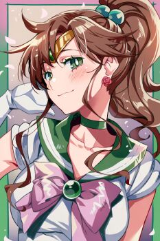 1girl absurdres bishoujo_senshi_sailor_moon bow breasts brown_hair choker collarbone earrings elbow_gloves ga-006 gloves green_background green_choker green_eyes green_sailor_collar hair_ornament hashtag-only_commentary highres jewelry kino_makoto long_hair looking_at_viewer magical_girl medium_breasts pink_bow ponytail sailor_collar sailor_jupiter sailor_senshi_uniform skirt smile upper_body white_gloves