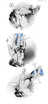 !? ... 2boys ? baldur's_gate baldur's_gate_3 blood blood_on_hands blue_tongue colored_tongue commentary enver_gortash greyscale hand_focus highres holding_another's_wrist licking licking_another's_hand male_focus maygi_mie_ji monochrome multiple_boys out_of_frame saliva sequential signature simple_background spoken_ellipsis spoken_question_mark spot_color symbol-only_commentary the_dark_urge_(baldur's_gate) tongue white_background yaoi