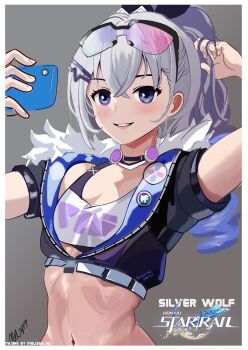 Rule 34 | 1girl, absurdres, aviator sunglasses, blue eyes, cellphone, character name, copyright name, crop top, flat chest, fur-trimmed jacket, fur trim, grey background, grey hair, highres, holding, holding phone, honkai: star rail, honkai (series), jacket, logo, melissa v2, midriff, navel, phone, selfie, silver wolf (honkai: star rail), smartphone, smile, solo, sunglasses, torso
