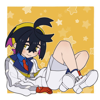 1boy 72kuri black_hair blue_shirt blue_socks blush border closed_mouth collared_shirt commentary_request gloves hair_between_eyes highres jacket kieran_(pokemon) long_sleeves male_focus necktie nintendo outside_border pokemon pokemon_sv red_gloves red_necktie shirt shoes shorts smile socks solo star_(symbol) strap white_border white_jacket white_shoes white_shorts yellow_background yellow_eyes zipper_pull_tab