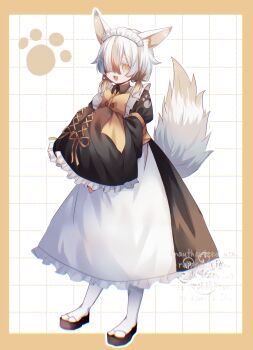 1other absurdres androgynous animal_ears artist_name border character_request dress fluffy fox fox_ears fox_tail frilled_dress frills full_body hair_over_one_eye highres komiya_shuu maid maid_headdress multicolored_hair original paw_print puffy_sleeves ribbon solo standing streaked_hair tail yellow_border