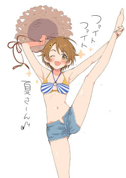 1girl hat hiyori_(princess_connect!) ito_ryo navel one_eye_closed princess_connect! short_hair shorts split standing standing_on_one_leg standing_split straw_hat swimsuit