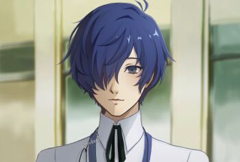 1boy absurdres artist_name black_ribbon blue_hair blurry blurry_background closed_mouth collared_shirt commentary ferubonito gekkoukan_high_school_uniform grey_eyes hair_over_one_eye highres light_blush light_smile male_focus neck_ribbon persona persona_3 ribbon school_uniform shirt short_hair solo twitter_username upper_body white_shirt yuuki_makoto_(persona_3)