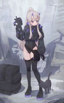 1girl :o backpack bag bitseon black_background black_gloves black_jacket black_leotard black_shoes black_thighhighs bullpup cat commission covered_navel cropped_jacket full_body gloves grey_hair gun highleg highleg_leotard highres holding holding_gun holding_weapon horns jacket leotard long_hair long_sleeves looking_down multicolored_shoes original p90 personal_defense_weapon petite ponytail purple_eyes purple_horns purple_shoes shoes sidelocks submachine_gun thighhighs two-tone_shoes unworn_backpack unworn_bag urban weapon