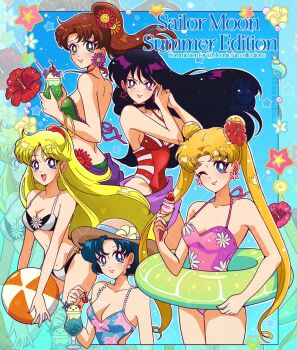 5girls aino_minako ball beachball bikini bishoujo_senshi_sailor_moon black_hair blonde_hair blue_eyes breasts brown_hair cleavage earrings flower food green_eyes hair_flower hair_ornament hino_rei ice_cream jewelry kino_makoto medium_breasts mizuno_ami momoka.draws multiple_girls one-piece_swimsuit ponytail purple_eyes swimsuit towel tsukino_usagi twintails