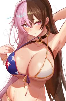 Rule 34 | 0nineo9, 1girl, absurdres, american flag, american flag bikini, american flag print, arm up, armpits, bikini, black hair, blue eyes, blush, breasts, cleavage, commentary, commission, earrings, english commentary, fate/grand order, fate (series), flag print, flag print bikini, fusion, hair between eyes, heterochromia, highres, hoop earrings, jewelry, large breasts, long hair, looking at viewer, miyamoto musashi (fate), miyamoto musashi (fate/grand order), miyamoto musashi (swimsuit berserker) (fate), navel, pink hair, print bikini, purple eyes, skindentation, solo, swimsuit, xuangzang sanzang (fate)