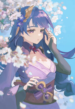 1girl absurdres blue_sky blunt_bangs blurry blurry_background breasts bridal_gauntlets cleavage clothing_cutout commentary_request depth_of_field flve genshin_impact hair_ornament highres japanese_clothes kimono large_breasts mole mole_under_eye multicolored_hair neck_ribbon off_shoulder outdoors parted_lips purple_eyes purple_kimono purple_nails raiden_shogun red_ribbon red_sash ribbon sash shoulder_cutout sky solo standing streaked_hair tree upper_body