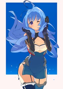 Rule 34 | 1girl, ahoge, azur lane, blue hair, blush, breasts, cleavage, commentary request, cowboy shot, garter straps, grin, helena (azur lane), long hair, looking at viewer, naoya come, one eye closed, purple eyes, revision, simple background, smile, solo, thighhighs, thighs