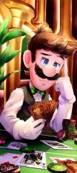 Rule 34 | 1boy, :|, aoriao, black suit, blue eyes, bow, brown hair, card, casino, casino card table, closed mouth, commentary, english commentary, facial hair, formal, gloves, green bow, highres, holding, holding card, luigi, mario (series), mustache, new super mario bros., nintendo, playing card, poker, poker chip, short hair, signature, suit, super mario 64 ds, table, thinking, white gloves
