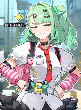 Rule 34 | 1girl, absurdres, aqua nails, bandaid, bandaid hair ornament, bibitapel, black skirt, blurry, blurry background, blush, chinatsu remiel, closed eyes, closed mouth, collar, commentary, english commentary, fingernails, fur-trimmed skirt, fur trim, green hair, hair ornament, hands on own hips, heart, heart hair ornament, highres, multicolored nails, multiple hair clips, necktie, pink arm warmers, pink bag, pink nails, ponytail, red necktie, shirt, single hair intake, skirt, smile, solo, sparkle, striped arm warmers, twitter username, upper body, v-shaped eyebrows, white shirt, white wings, winged bag, wings, zenless zone zero