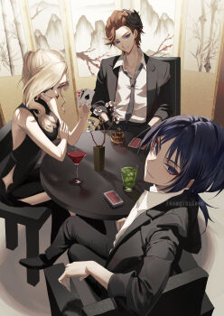 1girl 2boys ace_(playing_card) alternate_costume alternate_hairstyle arm_rest asagizuisen asymmetrical_bangs bare_shoulders black_dress black_jacket black_mask black_necktie black_pants black_shoes black_sleeves blonde_hair blue_eyes blunt_ends breasts brown_hair card chair cleavage cleavage_cutout closed_mouth clothing_cutout collared_shirt contemporary crossed_legs deck_of_cards dress earrings elbow_rest eye_mask eyelashes eyeliner eyeshadow fine_art_parody formal_clothes gem genshin_impact glass hair_pulled_back half_mask hand_on_own_arm hands_in_pockets heart highres hip_vent holding holding_card ice ice_cube indoors jacket jewelry king_(playing_card) king_of_spades lapels long_bangs long_sleeves looking_at_viewer makeup mask mask_on_head multiple_boys necktie nihonga pants parody parted_bangs plant playing_card potted_plant purple_eyes red_eyeliner red_eyeshadow red_gemstone red_lips scaramouche_(genshin_impact) shirt shoes short_hair side_slit signora_(genshin_impact) sitting smile suit_jacket table tartaglia_(genshin_impact) tsurime twitter_username white_shirt wispy_bangs