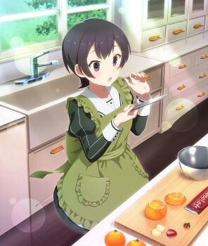 1girl :o apron baking banana banana_slice black_hair blush bowl candy chocolate chocolate_bar cutting_board day diffraction_spikes dot_nose dress faucet food fruit game_cg glint grass green_apron green_dress hands_up heijou_institute_school_uniform holding holding_knife indoors kitchen kitchen_knife knife lens_flare long_sleeves niwa_tsutomu official_art orange_(fruit) purple_eyes reflective_floor sailor_collar school_uniform shelf sink solo strawberry sunlight third-party_source toji_no_miko toji_no_miko:_kizamishi_issen_no_tomoshibi tree white_sailor_collar window