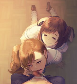 1boy 2girls absurdres after_fellatio after_rape arm_support ass assisted_rape basketweave bisexual_female blue_eyes blurry breasts brown_footwear brown_hair censored clothed_sex crying crying_with_eyes_open cum cum_in_mouth cum_on_tongue cumdrip depth_of_field eyebrows eyeshadow female_collaborator femdom ffm_threesome forced full_body futaba_miyu group_sex half-closed_eyes hamashima_shigeo hetero highres indoors kneeling kuki_kirara legs_apart loafers long_hair looking_at_viewer loose_socks makeup minikui_mojika_no_ko mosaic_censoring multiple_girls nipples nitroplus nose on_floor one_breast_out one_side_up open_mouth penis ponytail pov rape red_eyes school_uniform serafuku shoes short_sleeves side_ponytail small_breasts smile snot socks source_request sweat tears threesome tongue tongue_out white_legwear wooden_floor