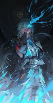 Rule 34 | 1boy, anaxa (honkai: star rail), arm belt, arm up, belt, black coat, black gloves, black pants, black vest, blue eyes, blue hair, coat, covering own mouth, curtained hair, deukdo, earrings, feet out of frame, gem, gloves, gold trim, hashtag-only commentary, highres, honkai: star rail, honkai (series), jewelry, lapels, long sleeves, looking at viewer, male focus, multiple rings, pants, piercing, red gem, ring, shirt, single earring, single glove, solo, standing, thigh belt, thigh strap, vest, white shirt