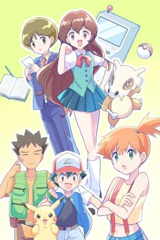 2girls 3boys :d :o ash_ketchum asymmetrical_hair bag baseball_cap belt belt_buckle black_hair black_shirt blue_jacket blue_pants blue_vest blush bone book bow bowtie brock_(pokemon) brown_eyes brown_hair buckle buttons clenched_hand clenched_hands closed_mouth collared_shirt crossed_arms cubone denim denim_shorts eyelashes fingerless_gloves gen_1_pokemon giselle_(pokemon) gloves green_eyes green_pants green_shirt green_vest hand_up hat highres holding holding_poke_ball jacket joe_(pokemon_ep009) long_hair looking_at_viewer mei_(maysroom) misty_(pokemon) multiple_boys multiple_girls navel necktie nintendo open_clothes open_mouth orange_hair pants pikachu pleated_skirt poke_ball poke_ball_(basic) pokemon pokemon_(anime) pokemon_(classic_anime) ponytail red_necktie shirt shoes short_hair short_sleeves shorts side_ponytail skirt sleeveless sleeveless_jacket sleeveless_shirt smile socks standing suspenders tongue vest white_shirt yellow_shirt