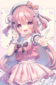 1girl :d beret blush bow commentary_request commission copyright_request double_v grid_background hair_ornament hairclip hat highres long_hair looking_at_viewer open_mouth outstretched_arm pink_hair pink_shirt pink_skirt pleated_skirt puffy_short_sleeves puffy_sleeves red_eyes rinndouk shirt short_sleeves skeb_commission skirt smile solo striped_bow two_side_up v very_long_hair virtual_youtuber watermark white_hat wrist_cuffs x_hair_ornament