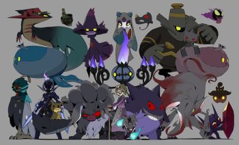 1girl agatha_(pokemon) alolan_form alolan_marowak alternate_color anger_vein annihilape apron arm_blade armor banette blonde_hair blue_fire cane ceruledge chandelure colored_skin curtained_hair decidueye dragapult dreepy dusknoir eye_trail fire flaming_eyes floating froslass gastly gen_1_pokemon gen_3_pokemon gen_4_pokemon gen_5_pokemon gen_6_pokemon gen_7_pokemon gen_8_pokemon gengar ghost grey_fur hat highres hisuian_zoroark jellicent jellicent_(female) jellicent_(male) light_trail looking_at_viewer mega_pokemon mega_sableye mimikyu mismagius nintendo open_mouth pokemon pokemon_(creature) pokemon_frlg psaber97 pumpkaboo purple_armor purple_fire purple_skin red_eyes sableye shiny_pokemon short_hair sinistcha smile standing talons teeth tongue tongue_out weapon winged_arms wings witch_hat yamask yellow_eyes