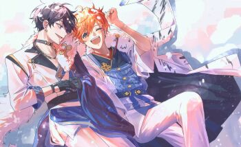 2boys akehoshi_subaru arm_up black_choker black_gloves black_hair blue_eyes blush cchammu_22 choker commentary ensemble_stars! fur-trimmed_jacket fur_trim gloves hair_between_eyes hidaka_hokuto highres ink jacket jacket_on_shoulders korean_commentary looking_at_another male_focus multiple_boys open_mouth orange_hair pants short_hair smile teeth upper_teeth_only white_jacket white_pants