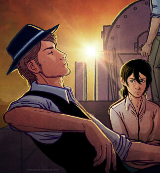 1boy 1girl artist_name bad_tag beard_stubble black_hair black_hat blue_shirt brown_hair closed_eyes closed_mouth commentary disgrace english_commentary evening facial_hair hat incest jean_kirstein long_sleeves looking_at_another low_ponytail mezmacko mikasa_ackerman out_of_character outdoors ponytail shingeki_no_kyojin shirt short_hair sideburns signature stubble sunset third-party_source tumblr_username unfaithful watermark web_address white_shirt