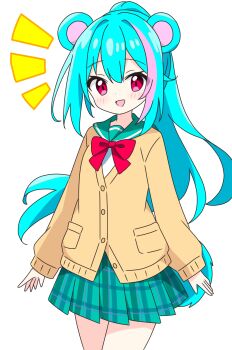 1girl :d animal_ears bear_ears bear_girl bear_tail blue_hair blush bow bowtie brown_cardigan cardigan commentary_request cowboy_shot dot_nose green_sailor_collar green_skirt highres kotatsu-mazoku long_hair looking_at_viewer multicolored_hair notice_lines open_mouth original pink_bow pink_bowtie pink_hair plaid_clothes plaid_skirt pleated_skirt ponytail red_eyes sailor_collar school_uniform serafuku simple_background skirt smile solo tail two-tone_hair white_background