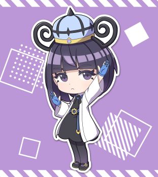 1girl absurdres arm_up belt belt_buckle black_belt black_dress black_shoes blue_belt blue_gloves blunt_bangs bob_cut buckle chibi chibi_only closed_mouth coat commentary_request dress eyelashes full_body gloves gwynn_(pokemon) hat highres long_sleeves looking_at_viewer magnemite10718 nintendo o-ring o-ring_belt open_clothes open_coat outline pantyhose partially_fingerless_gloves pokemon pokemon_legends:_z-a purple_eyes purple_hair shoes short_hair solo two-tone_belt white_coat white_outline