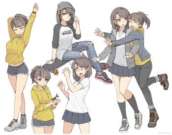 2girls :d ^^^ ^_^ animal beanie black_pants blue_pants breasts brown_eyes brown_hair brown_shoes closed_eyes closed_mouth collared_shirt commentary_request denim dolphin_shorts drawstring earbuds earphones grey_hat grey_jacket grey_shoes grey_shorts grey_skirt grey_socks hat highres holding holding_animal holding_earphones hood hood_down hoodie jacket jeans medium_breasts multiple_girls ndtwofives open_clothes open_jacket open_mouth original pants pleated_skirt ponytail praying_mantis raglan_sleeves ribbed_socks shirt shoes short_shorts shorts simple_background sitting skateboard skirt small_breasts smile sneakers socks standing standing_on_one_leg torn_clothes torn_pants twitter_username white_background white_shirt yellow_hoodie