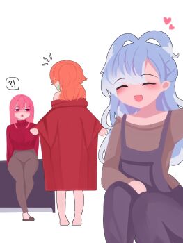 Rule 34 | alternate costume, blush, breasts, coat, couple, earrings, exhibitionism, family, feather earrings, feathers, female pervert, flashing, highres, hololive, hololive english, hololive indonesia, jewelry, kobo kanaeru, large breasts, long hair, long sleeves, mori calliope, mother and daughter, multicolored hair, multiple girls, naked coat, open mouth, opened by self, pervert, pink hair, presenting breasts, public indecency, simple background, takanashi kiara, viqur, virtual youtuber, white background, wife and wife, yuri