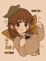 Rule 34 | 1girl, :q, amagami, animal, animal on head, artist name, black bow, black bowtie, blouse, blush, bow, bowtie, breasts, brown eyes, brown hair, brown sweater, closed mouth, collared shirt, commentary, crocodile, crocodilian, cropped torso, crosshair, dango, film grain, food, from side, hair over shoulder, hands up, highres, holding, holding stick, kibito high school uniform, large breasts, licking lips, long sleeves, looking at viewer, looking to the side, medium hair, on head, rabiyamarabi, sakurai rihoko, school uniform, shirt, signature, smile, solo, sparkling eyes, stick, sweater, tongue, tongue out, triangle, upper body, wagashi, white background, white shirt