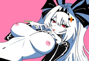 1girl breasts flowire_raister hair_between_eyes hair_ornament headband heart heart_hands lilith_(the_noexistencen_of_you_and_me) navel nipples no_bra red_eyes reverse_bunnysuit reverse_outfit the_noexistencen_of_you_and_me tongue tongue_out white_hair