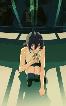 1girl 2boys absurdres black_hair black_ribbon book chainsaw_man chinese_commentary classroom commentary eraser flower gakuran green_eyes hair_between_eyes hair_bun hallway highres indoors looking_at_viewer multiple_boys neck_ribbon on_floor reze_(chainsaw_man) ribbon school school_uniform shadow shorts single_hair_bun sitting sleeveless smile solo_focus thigh_gap thighhighs tuzaixia window