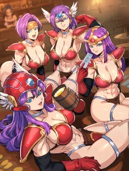 Rule 34 | 5girls, abs, adapted costume, alcohol, armor, bar (place), beer, bikini armor, blue eyes, breasts, character request, circlet, dragon quest, dragon quest iii, flexing, forehead jewel, helmet, indoors, jewelry, kisuu, large breasts, manya (dq4), multiple girls, muscular, muscular female, open mouth, purple hair, red armor, shoulder armor, sitting, warrior (dq3), thief (dq3), thighlet, winged helmet