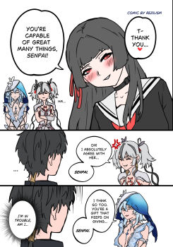 ... 1boy 3girls anger_vein artist_name black_choker black_flower black_hair black_shirt blake_bloom_(wuthering_waves) blue_hair blue_veil blush camellya_(wuthering_waves) chisa_(wuthering_waves) choker closed_eyes collarbone colored_eyelashes commentary earrings english_text flower gold_earrings hair_between_eyes hair_flower hair_ornament hair_ribbon hair_vines highres jealous jewelry long_hair male_rover_(wuthering_waves) mole mole_under_eye multiple_girls parted_lips red_ribbon rezilism ribbon rover_(wuthering_waves) sailor_collar shirt shorekeeper_(wuthering_waves) short_hair short_twintails smile twintails two-tone_veil veil white_sailor_collar white_veil wuthering_waves