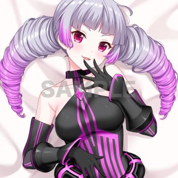 1girl alternative_girls bare_shoulders black_dress black_gloves black_sleeves blunt_ends blush breasts collarbone dakimakura_(medium) detached_sleeves dot_nose dress drill_hair gloves gradient_hair grey_hair hand_on_own_stomach hand_to_own_mouth head_tilt long_hair looking_at_viewer medium_breasts meya_fontaine multicolored_hair official_art open_mouth purple_dress purple_hair red_eyes sample_watermark second-party_source sleeveless sleeveless_dress smile solo twin_drills twintails two-tone_dress upper_body watermark