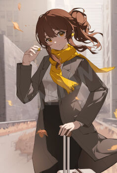 1girl absurdres black_pants brown_eyes brown_hair brown_jacket building closed_mouth commentary_request day earbuds earphones earphones_removed falling_leaves fringe_trim gan_xing_naobing hair_bun hand_up hibike!_euphonium highres holding holding_earphones jacket leaf long_hair looking_at_viewer open_clothes open_jacket oumae_kumiko outdoors pants ponytail rolling_suitcase scarf shirt smile solo suitcase white_shirt wind yellow_scarf
