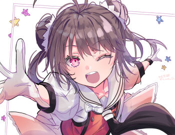 Rule 34 | 1girl, absurdres, antenna hair, brown hair, double bun, foreshortening, gloves, hair bun, highres, hizaka, kantai collection, long hair, looking at viewer, naka (kancolle), naka kai ni (kancolle), necktie, one eye closed, open mouth, pink hair, skirt, smile, solo, star (symbol), twitter username, upper body, white gloves