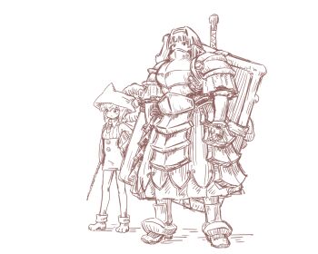 Rule 34 | 2girls, animal hands, animal hat, arm at side, armor, boots, cat hat, fe (fnocef), flat chest, gauntlets, greyscale, hat, headband, monochrome, multiple girls, neenya (sennen sensou aigis), rean (sennen sensou aigis), sennen sensou aigis, shield, short hair, staff, white background