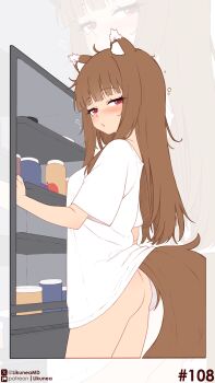 absurdres animal_ear_fluff animal_ears apple ass blunt_bangs blush bottomless brown_hair fang food fruit grapes highres holo jar likunea long_hair looking_at_viewer red_eyes refrigerator shelf shirt sleepy spice_and_wolf tail white_shirt wolf_ears wolf_girl wolf_tail