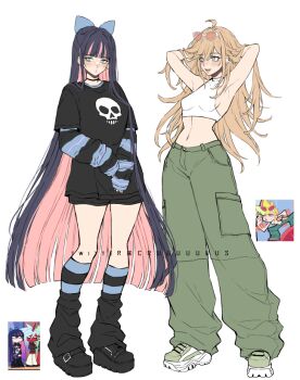 Rule 34 | 2girls, black shirt, black shoes, blonde hair, blue eyes, blush, bow, breasts, choker, colored inner hair, criis-chan, crop top, denim, earrings, eyewear on head, green pants, jeans, jewelry, long hair, midriff, multicolored hair, multiple girls, navel, pants, panty &amp; stocking with garterbelt, panty (psg), pink hair, purple hair, shirt, shoes, shorts, siblings, sideboob, sisters, skull print, smile, stocking (psg), striped clothes, striped leggings, striped thighhighs, sunglasses, tank top, thighhighs, twitter username, two-tone hair, very long hair, white shoes, white tank top