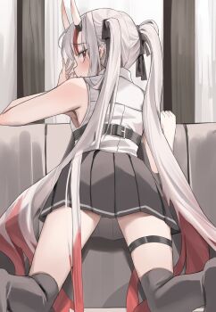 1girl absurdres armpits ass black_ribbon black_skirt black_thighhighs from_behind grey_hair grey_shirt grey_skirt hair_ribbon hand_up highres hololive horns kneeling long_hair looking_at_viewer looking_back miniskirt multicolored_hair nakiri_ayame nakiri_ayame_(streetwear) official_alternate_costume oni pleated_skirt red_eyes red_hair ribbon scarlet_(wv0102) shirt skin-covered_horns skirt sleeveless sleeveless_shirt smile solo streaked_hair thigh_strap thighhighs twintails variant_set very_long_hair virtual_youtuber white_hair