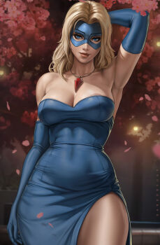 1girl amulet areola_slip arm_behind_head armpits blonde_blazer blonde_hair blue_dress blue_eyes blue_gloves blue_mask cherry_blossoms covered_navel dandon_fuga dispatch domino_mask dress elbow_gloves eye_mask gloves highres jewelry looking_at_viewer mask necklace paid_reward_available side_slit smile solo strapless strapless_dress thighs tight_clothes tight_dress toned toned_female wardrobe_malfunction